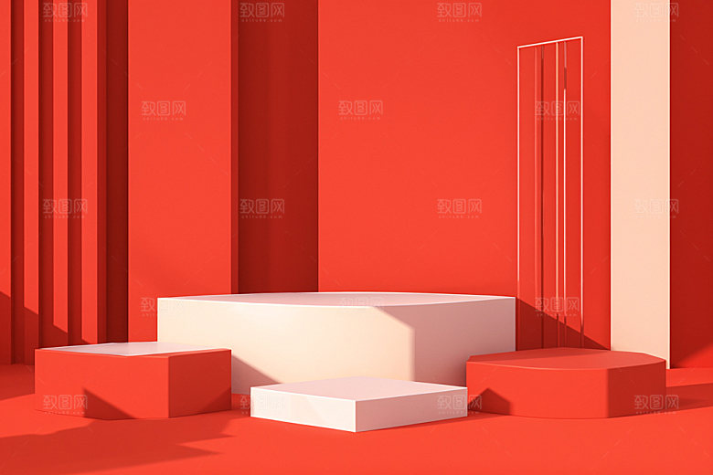 红色展台3D促销电商背景