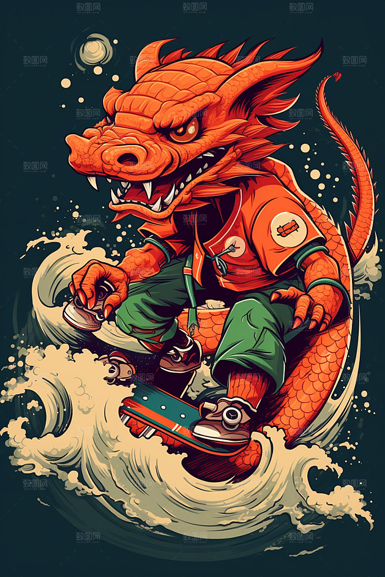 滑板小龙人龙年十二生肖插画