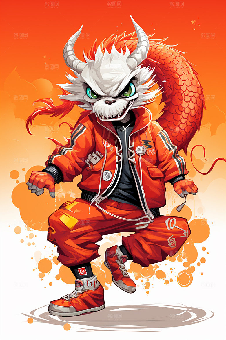 滑板小龙人中国风春节插画