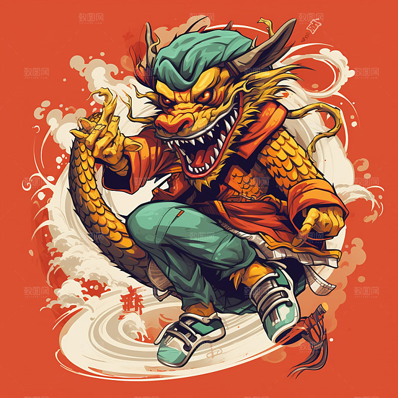 滑板小龙人十二生肖中国风插画