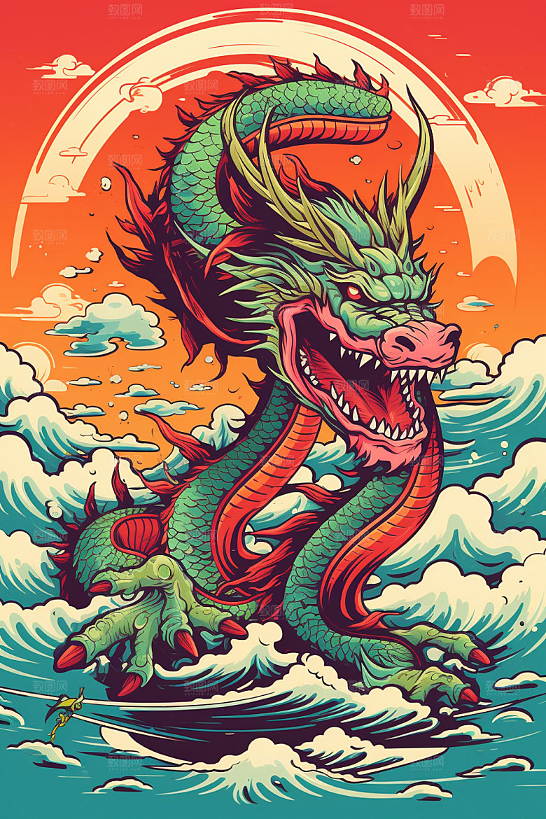 滑板小龙人春节卡通插画