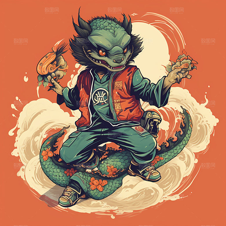 滑板小龙人帅气潮流插画