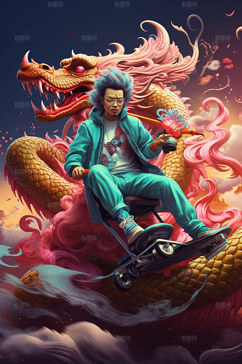 滑板小龙人春节龙年插画