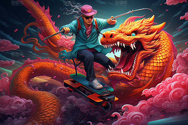 滑板小龙人卡通手绘插画