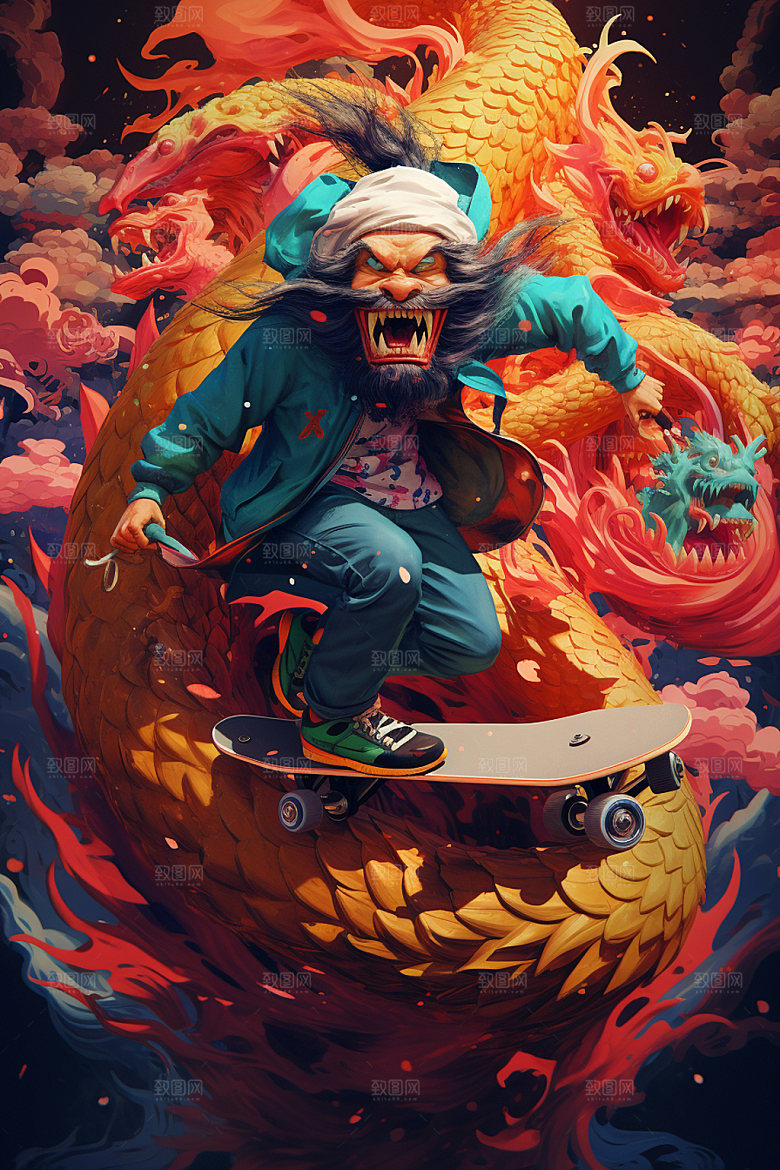滑板小龙人国潮风潮流插画