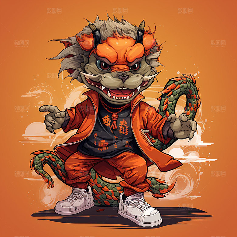 滑板小龙人十二生肖拟人插画