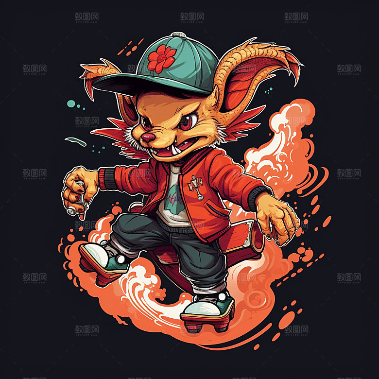 滑板小龙人十二生肖拟人插画