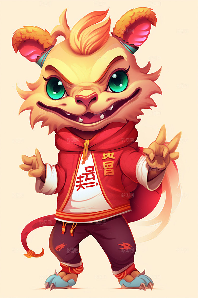 滑板小龙人手绘春节插画