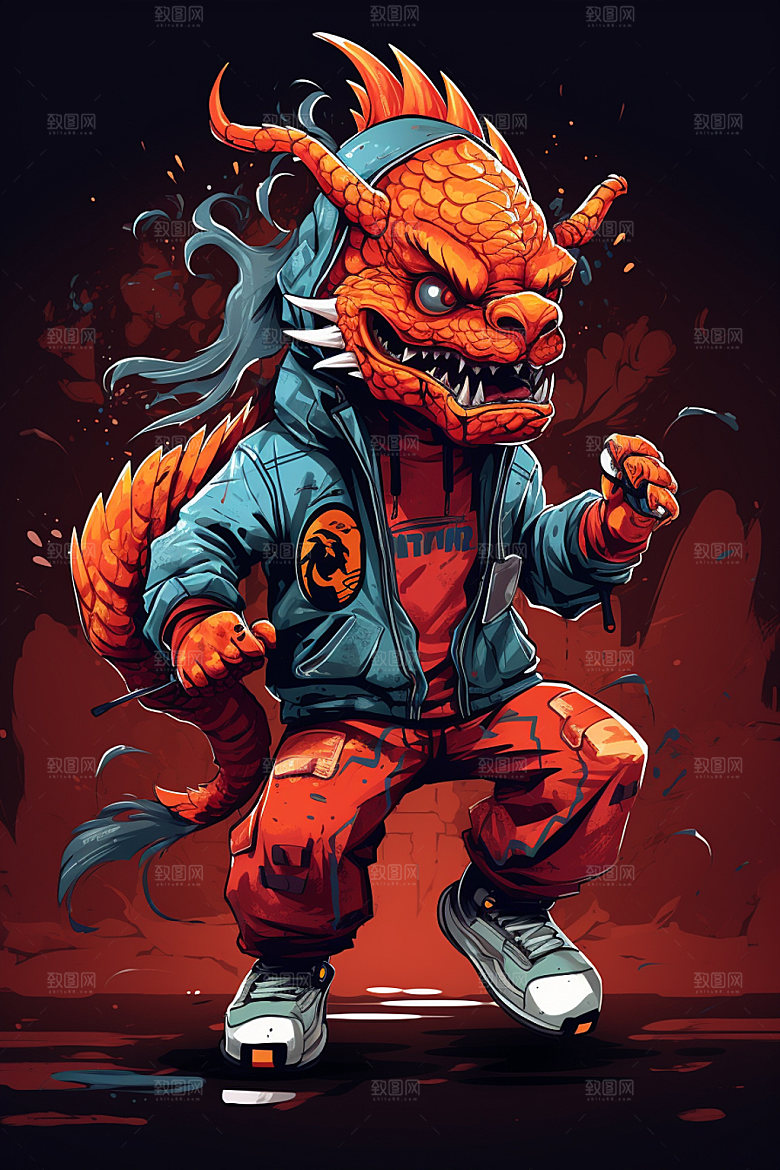 滑板小龙人手绘卡通插画