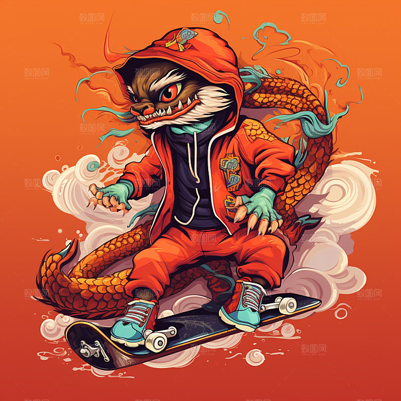 滑板小龙人十二生肖国潮风插画
