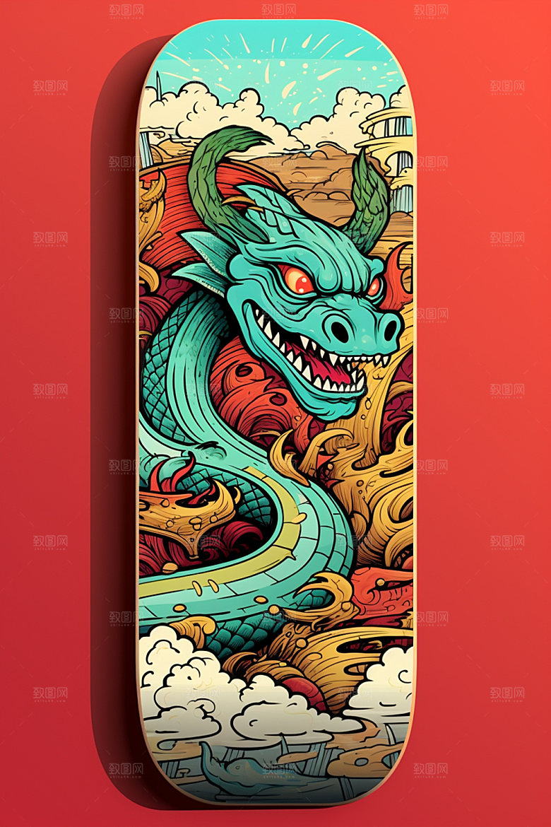 滑板小龙人龙年十二生肖插画
