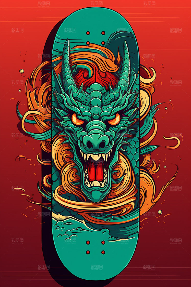 滑板小龙人帅气国潮风插画