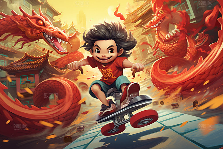 滑板小龙人中国风春节插画
