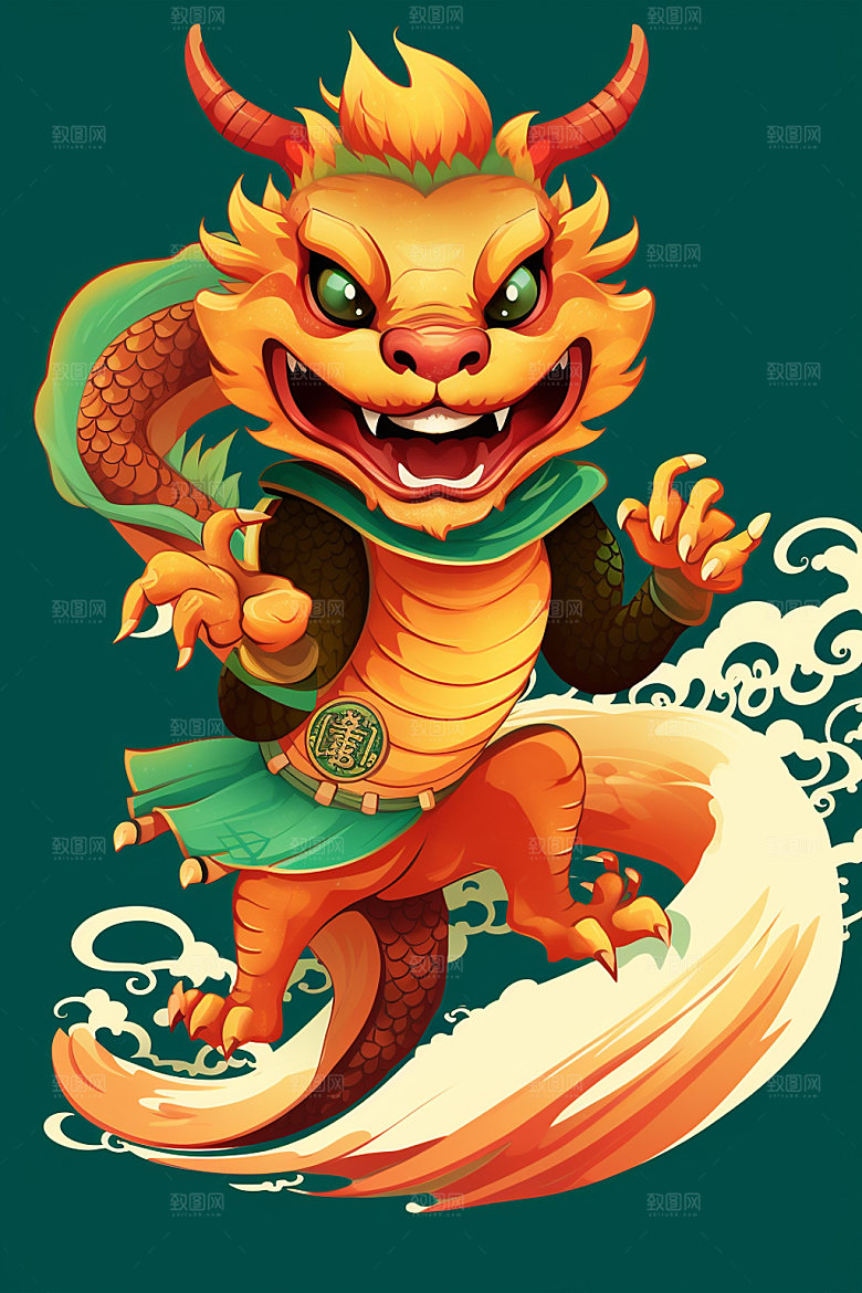 滑板小龙人国潮风龙年插画