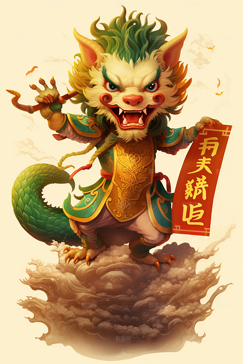 滑板小龙人龙年中国风插画