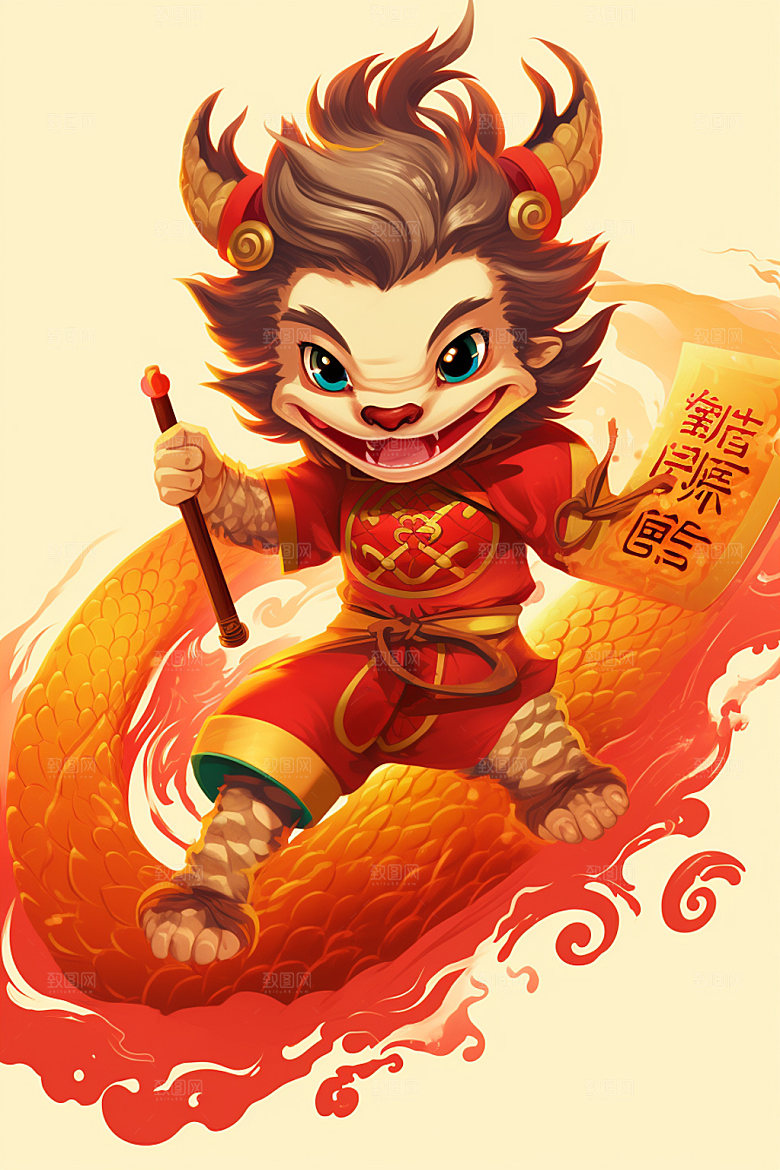 滑板小龙人春节拟人插画