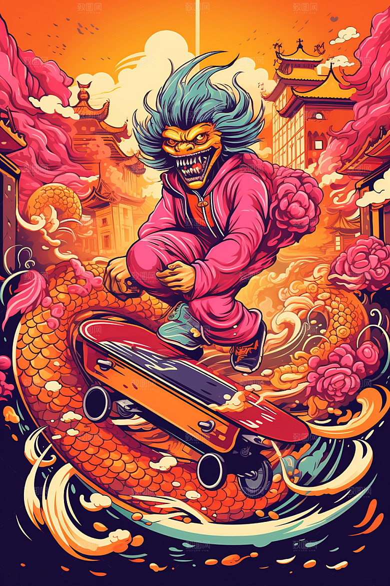 滑板小龙人时尚卡通插画