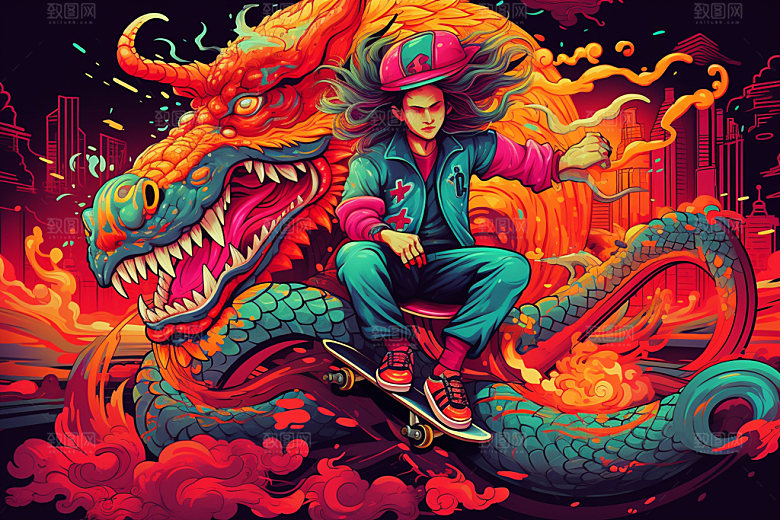 滑板小龙人十二生肖龙年插画