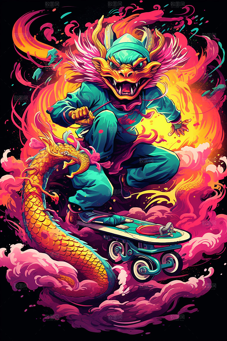 滑板小龙人拟人龙年插画