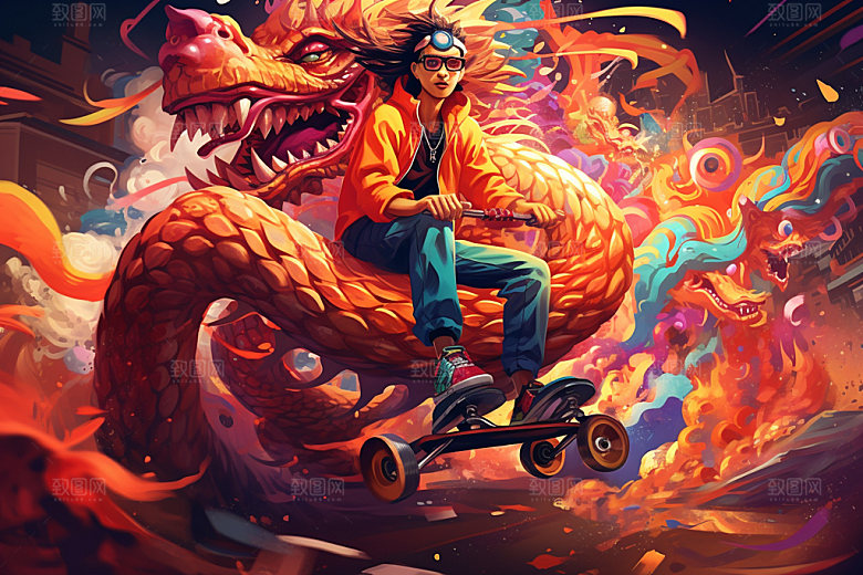 滑板小龙人龙年卡通插画