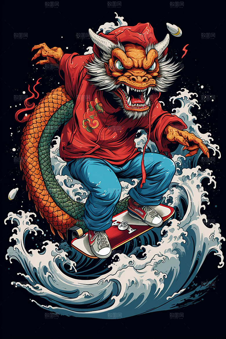 滑板小龙人时尚国潮风插画
