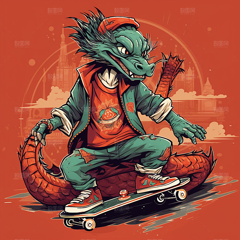 滑板小龙人十二生肖龙年插画