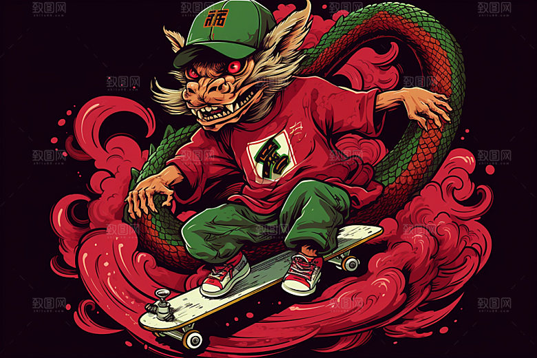 滑板小龙人卡通拟人插画