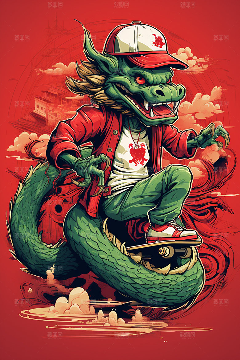 滑板小龙人时尚龙年插画