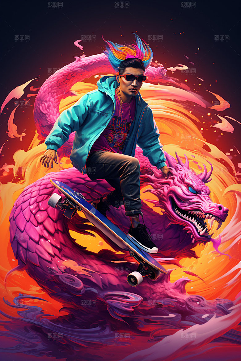 滑板小龙人国潮风卡通插画