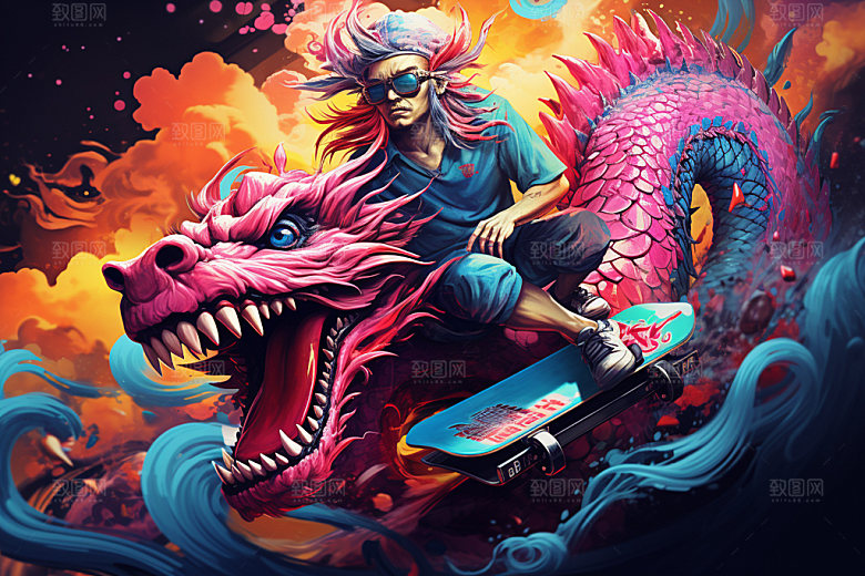 滑板小龙人卡通潮流插画