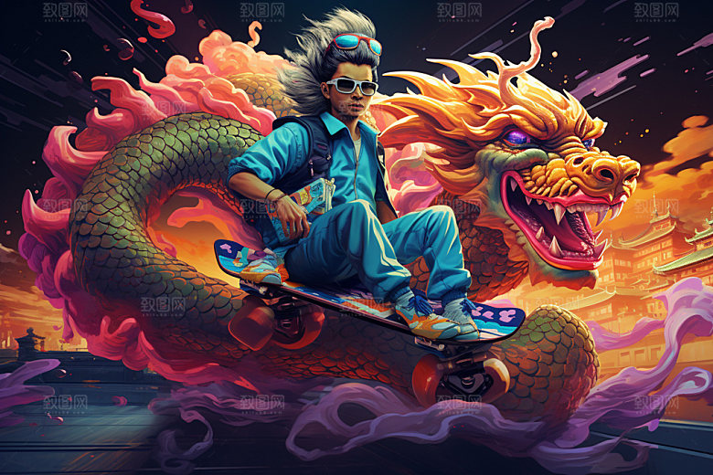 滑板小龙人时尚帅气插画
