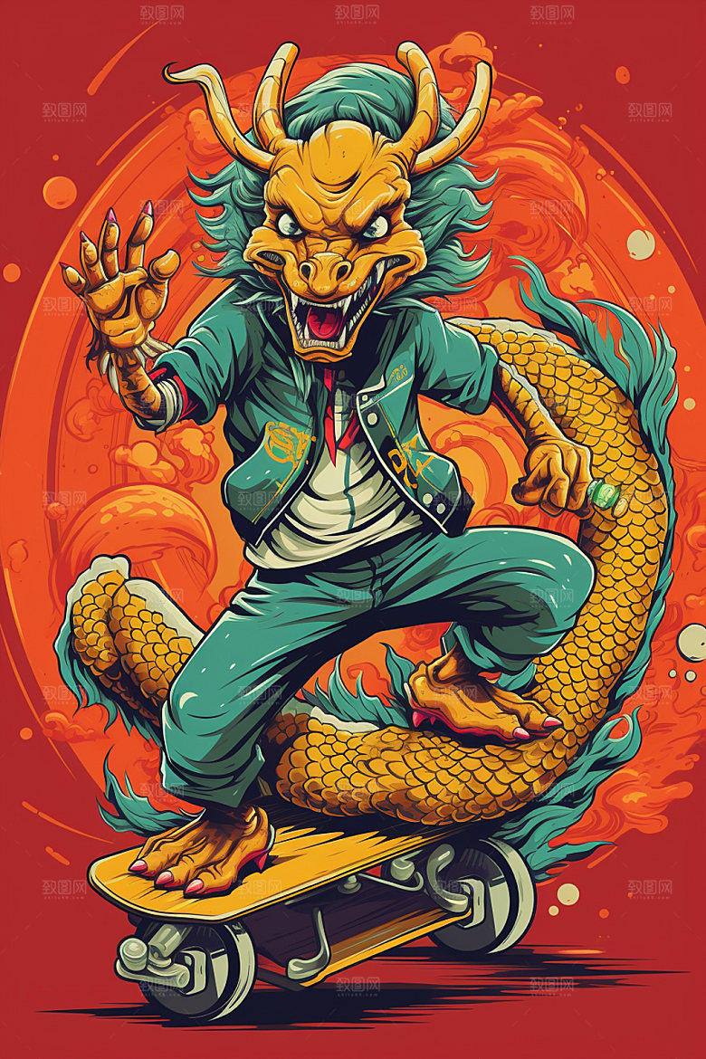 滑板小龙人龙年拟人插画