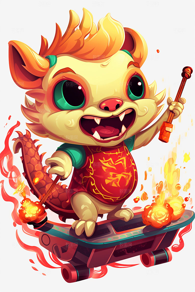 滑板小龙人十二生肖手绘插画