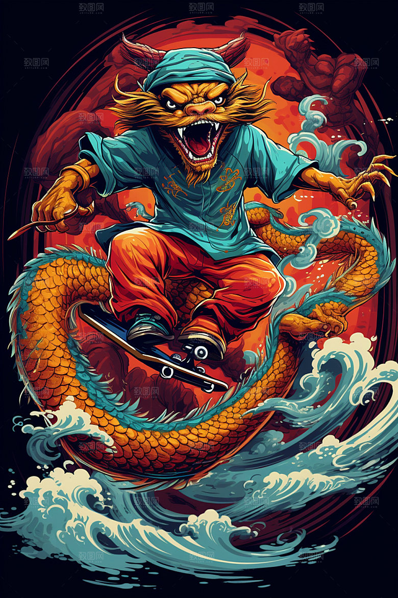 滑板小龙人潮流手绘插画