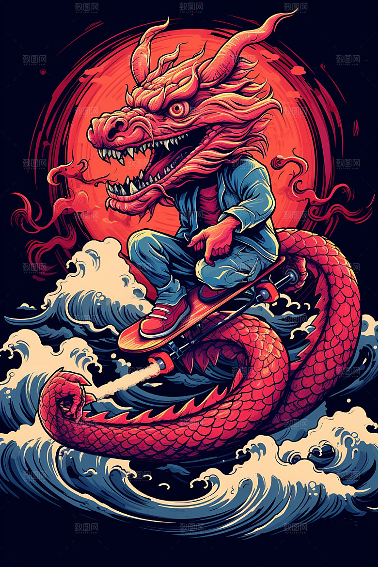 滑板小龙人国潮风龙年插画