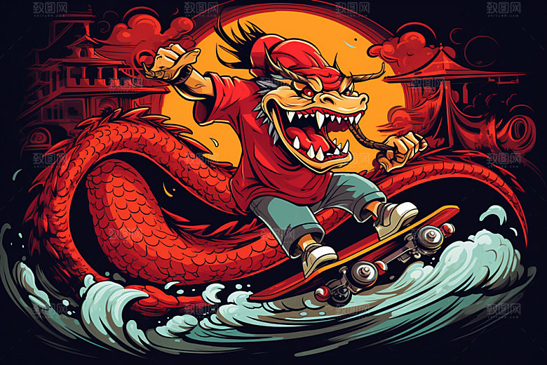 滑板小龙人中国风春节插画