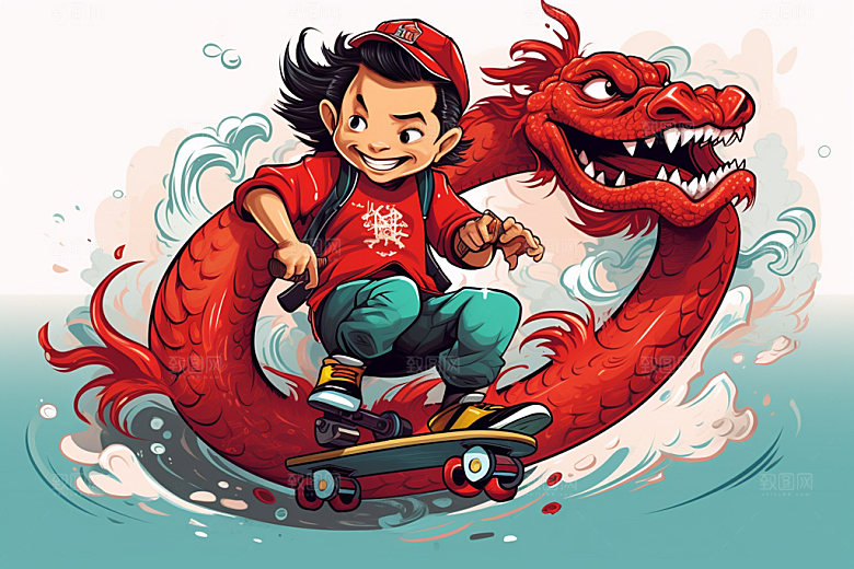 滑板小龙人龙年十二生肖插画