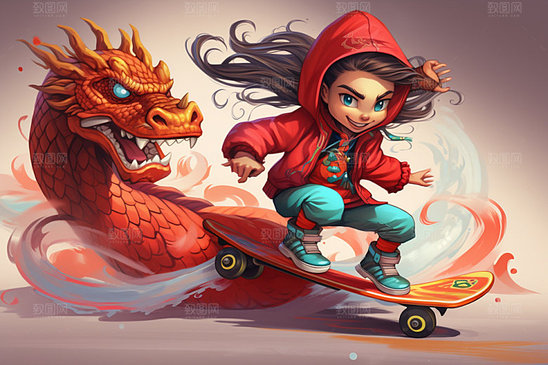 滑板小龙人中国风卡通插画