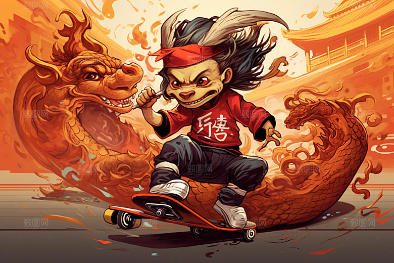 滑板小龙人龙年潮流插画