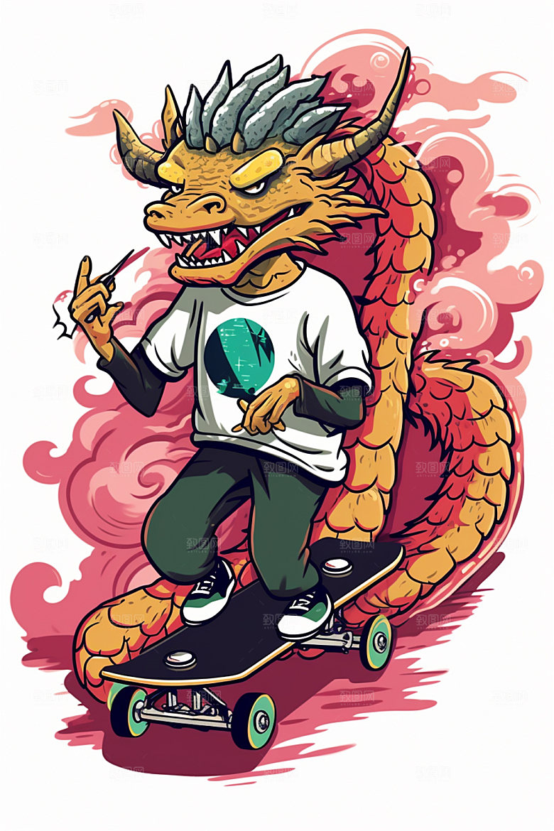 滑板小龙人帅气龙年插画