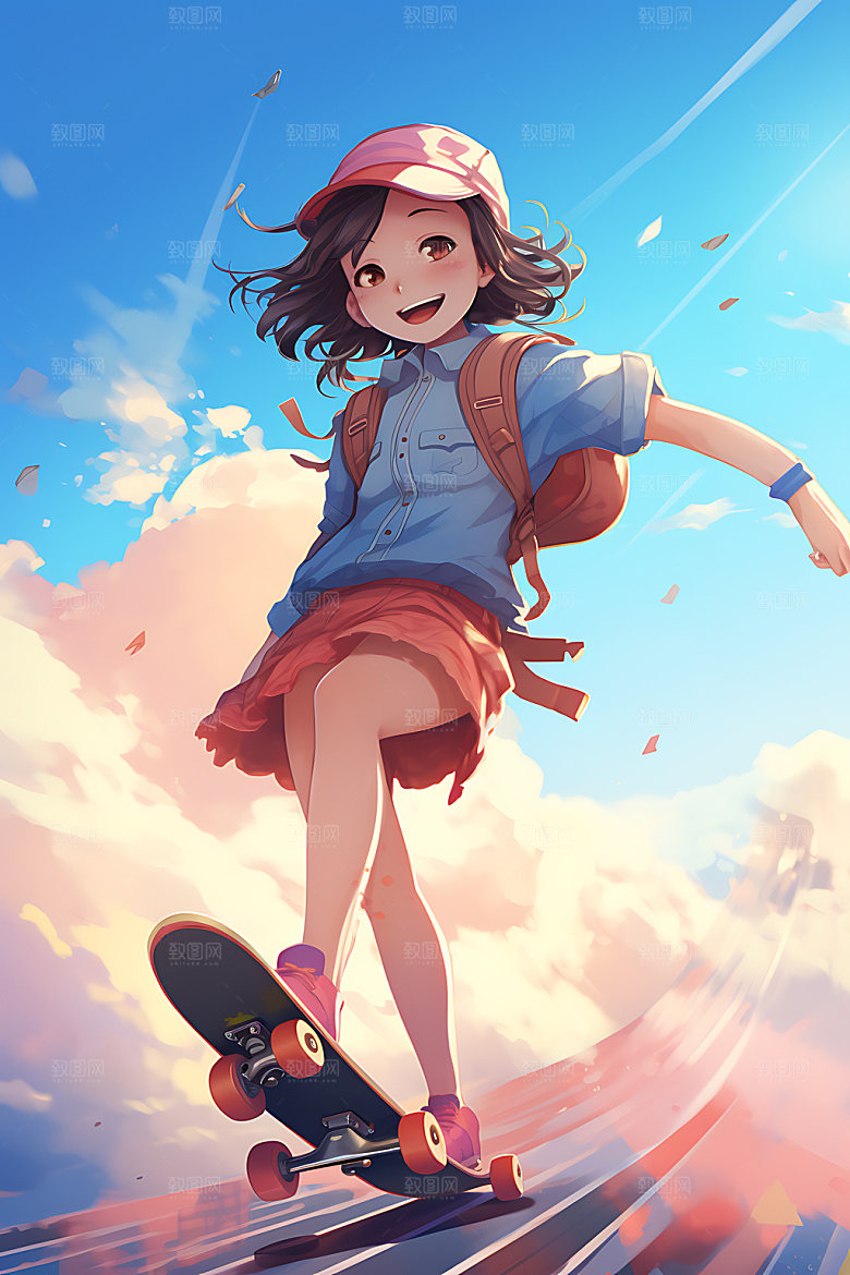 滑板少女青春运动插画