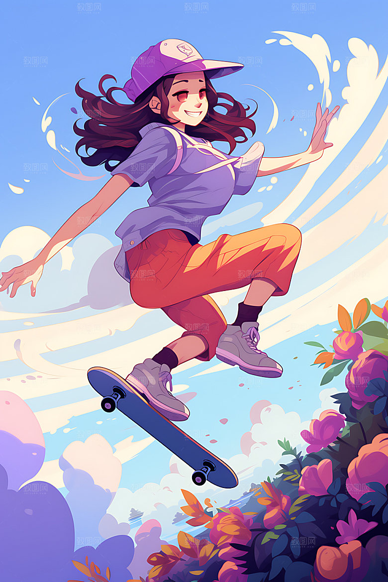 滑板少女健康运动插画