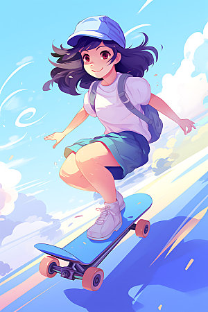 滑板少女动感人物插画
