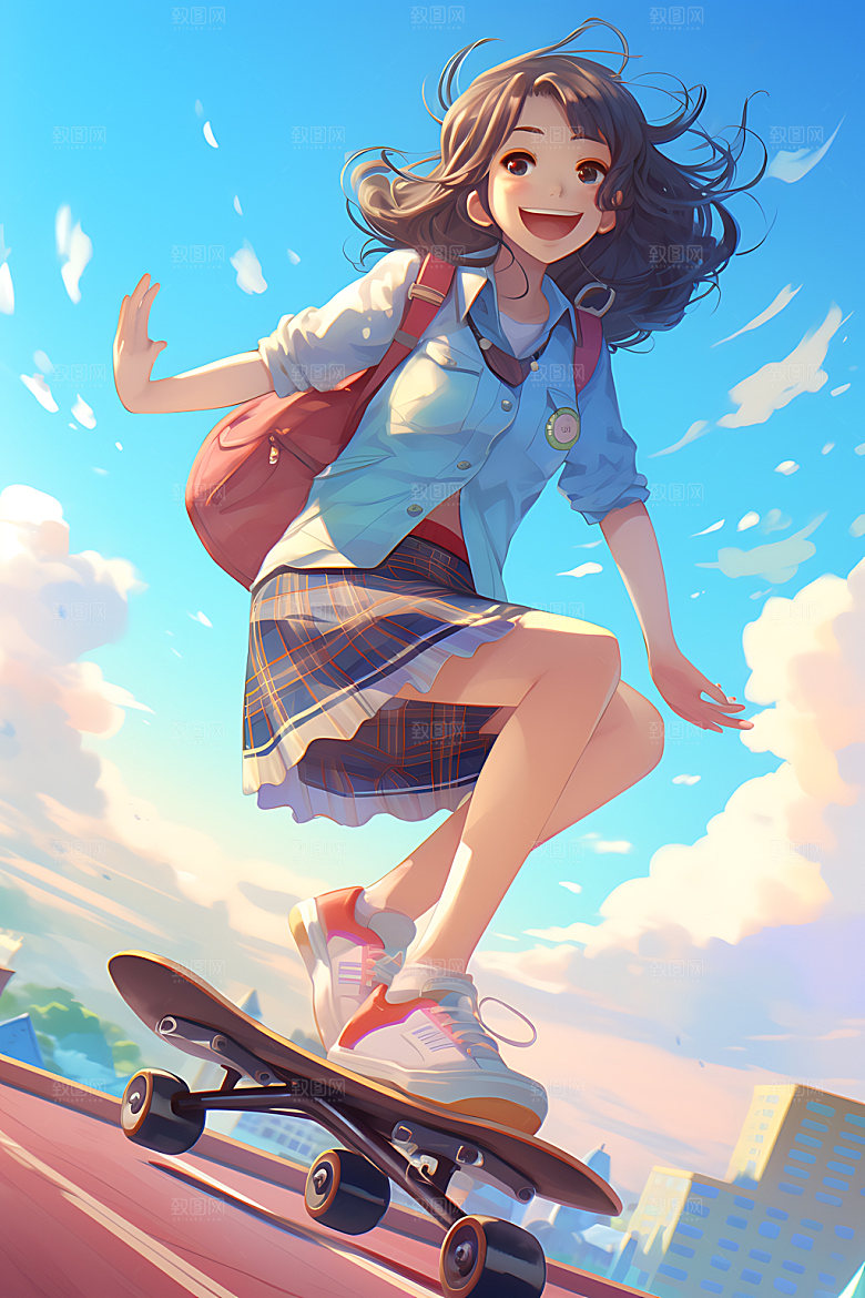 滑板少女青春健康插画