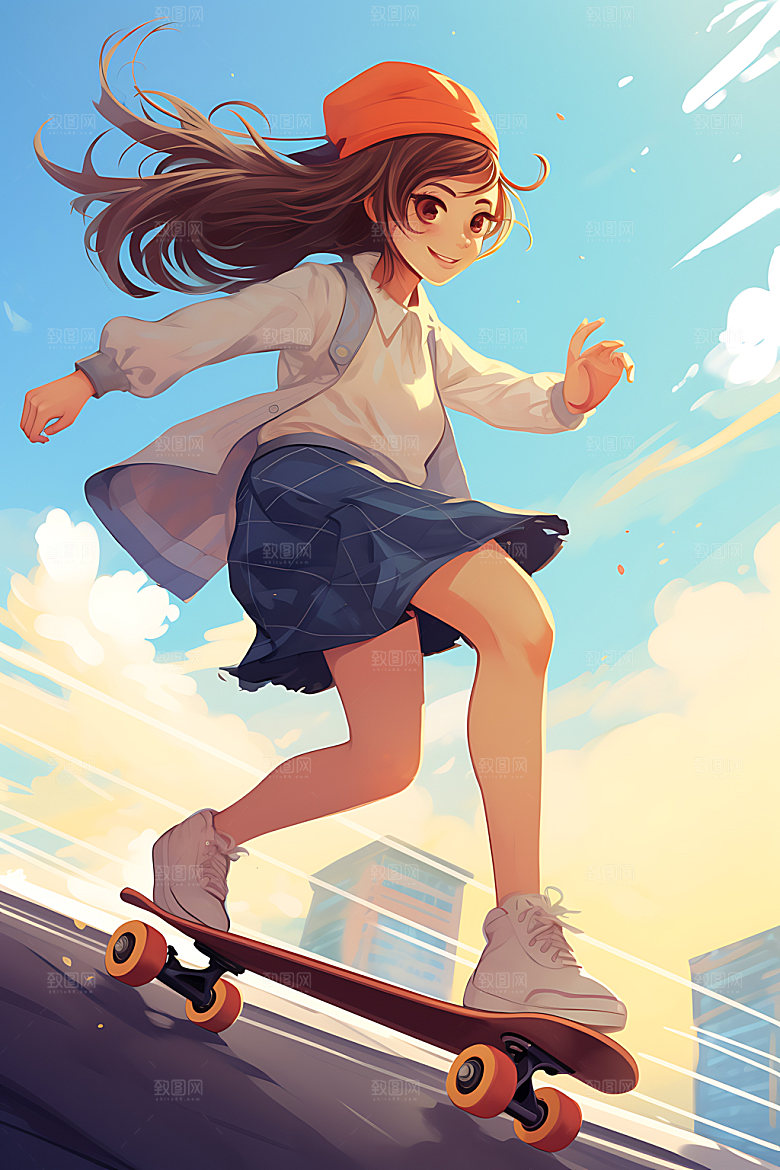 滑板少女运动活泼插画