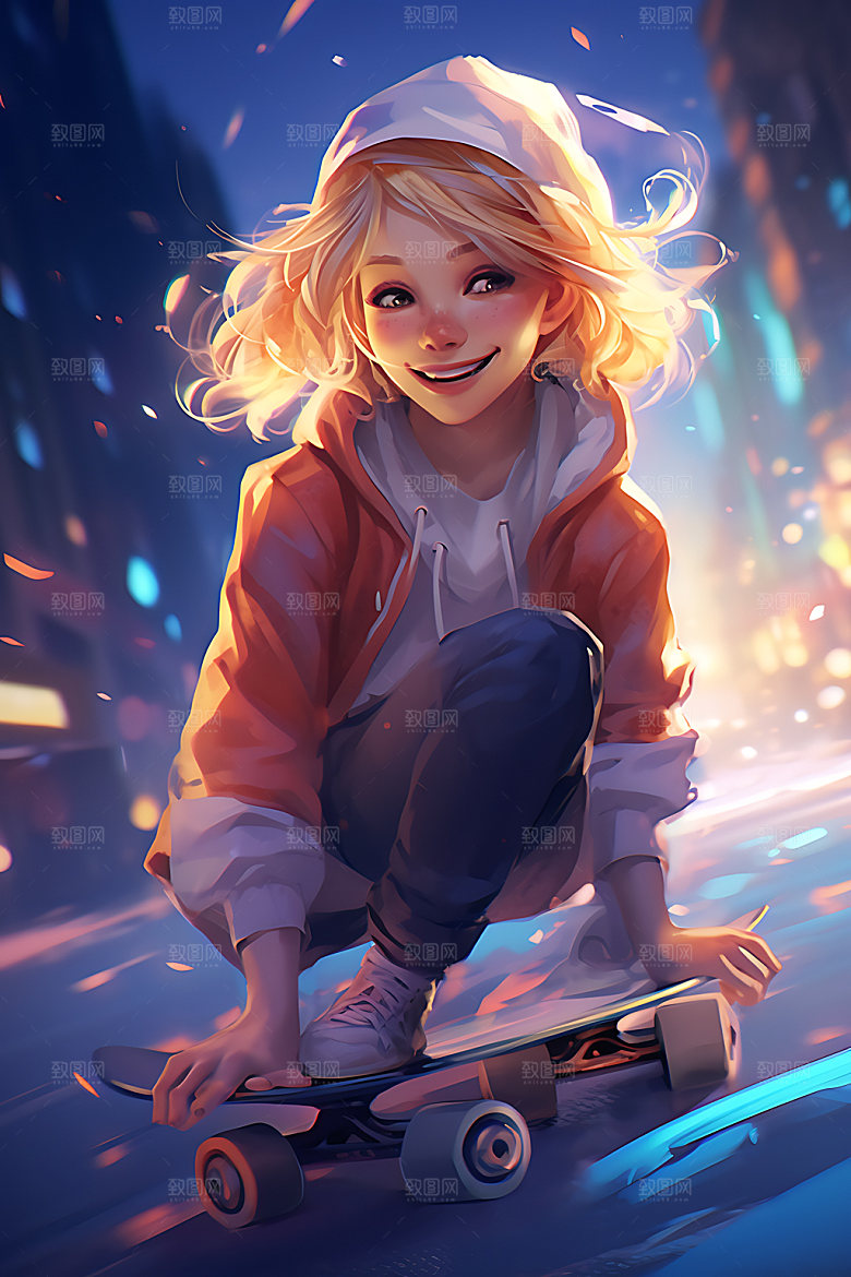 滑板少女运动健康插画