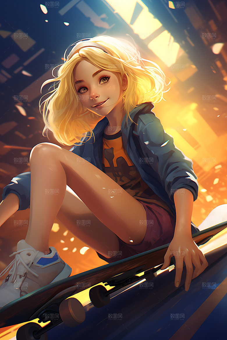 滑板少女健康运动插画