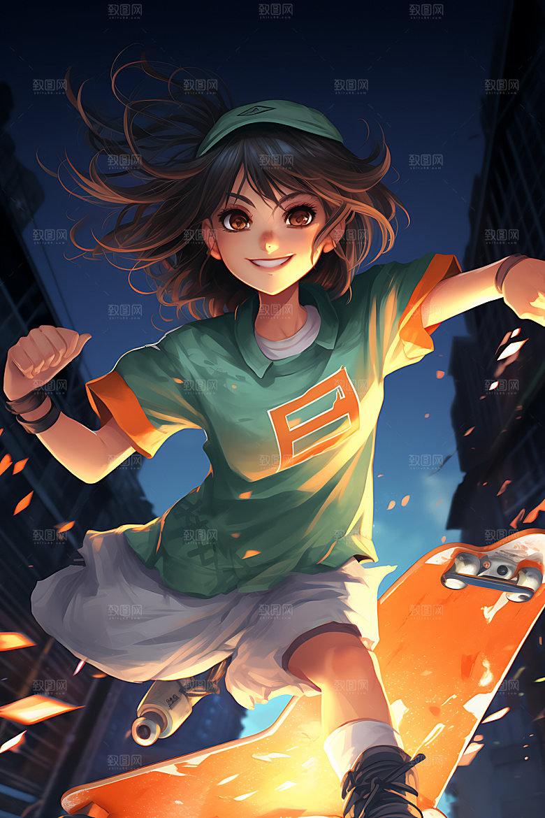 滑板少女青春运动插画