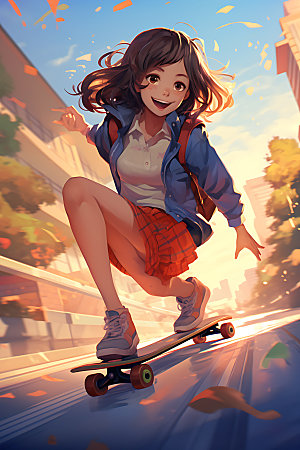滑板少女运动动感插画