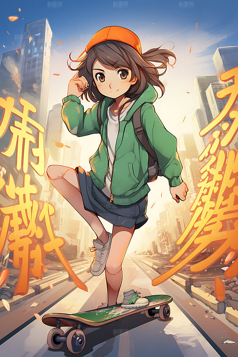 滑板少女人物动感插画